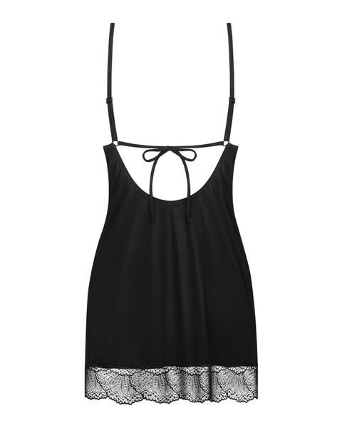 Пеньюар Obsessive Lobellis chemise & thong, XL/2XL, черный, кружевная отделка, стринги в комплекте SX1022 фото