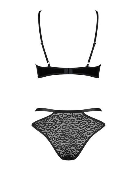Еротичний комплект під латекс зі стрепами Obsessive Bagirela 2-pcs set S/M, чорний, під леопард, бюс SO7219 фото