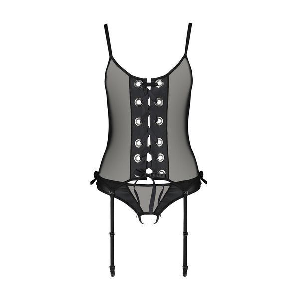 Корсет зі шнурівкою Passion NESSY CORSET L/XL black, стрінги з відкритим доступом, пажі для панчіх SO8454 фото