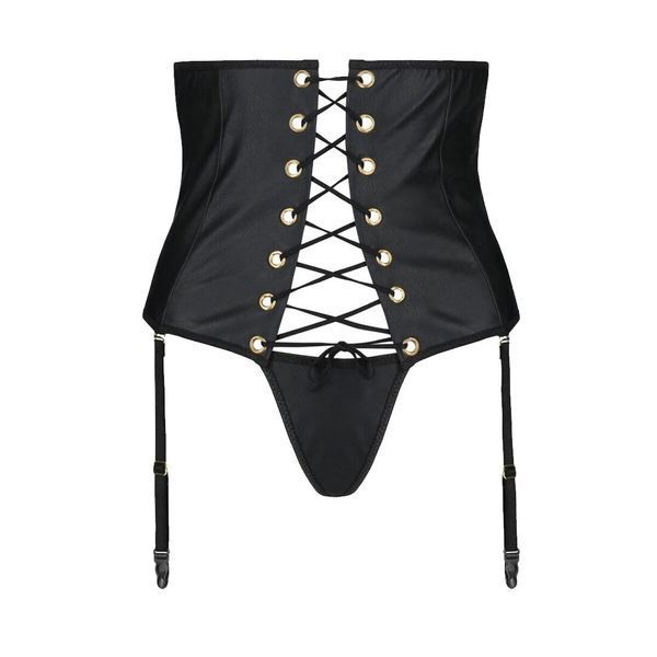 Пояс-корсет з екошкіри Passion CELINE SET with Open Bra 6XL/7XL, black, шнурівка, пажі, стрінги SO7064 фото