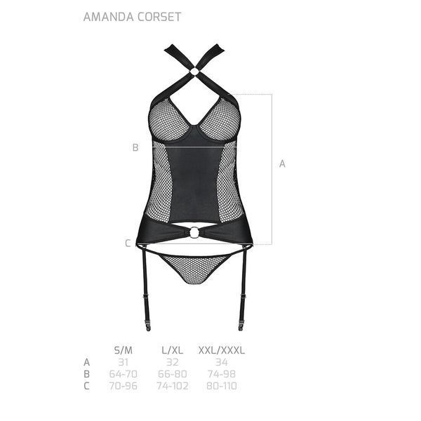 Сетчатый комплект корсет с халтером, съемные подвязки и трусики Passion AMANDA CORSET 2XL/3XL black SO5320 фото