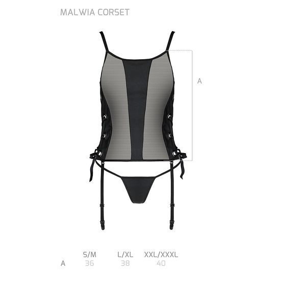 Сетчатый корсет с люверсами и съемными пажами Passion MALWIA CORSET L/XL, black, эко-кожа, стринги SO5765 фото