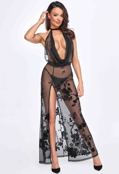 Платье Noir Handmade F312 Divinity, XXL, black, прозрачное, в пол, открытая спина, разрез сбоку SX0313 фото