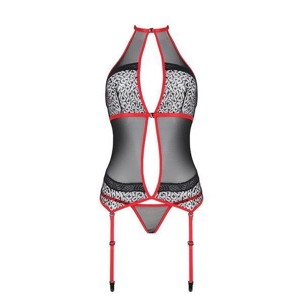 Корсет з пажами Passion SATARA CORSET XXL/XXXL red, стрінги, мереживо, застібки спереду та ззаду SO8480 фото