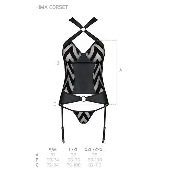 Сетчатый комплект с узором, корсет с халтером, подвязки, трусики Passion HIMA CORSET S/M, black SO5350 фото