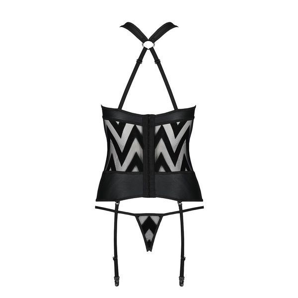 Сетчатый комплект с узором, корсет с халтером, подвязки, трусики Passion HIMA CORSET S/M, black SO5350 фото