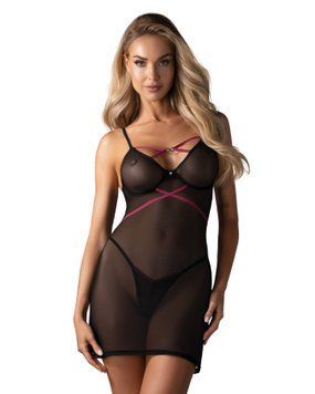 Пеньюар Obsessive Novenes chemise & thong, XS/S, облегающий, прозрачный, со стрепами, стринги в комп SX0619 фото