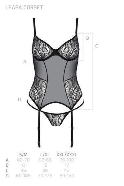 Корсет Passion LEAFA CORSET black S/M, м'які чашки, затискачі для панчіх, стрінги в комплекті SX0504 фото