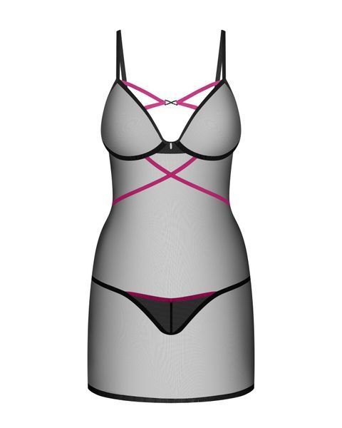 Пеньюар Obsessive Novenes chemise & thong, M/L, облегающий, прозрачный, со стрепами, стринги в компл SX0620 фото